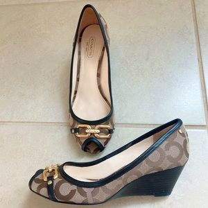 COACH Womens Size 7B Brown Monogram Wedge Heel Peep Toe Leather Shoes
